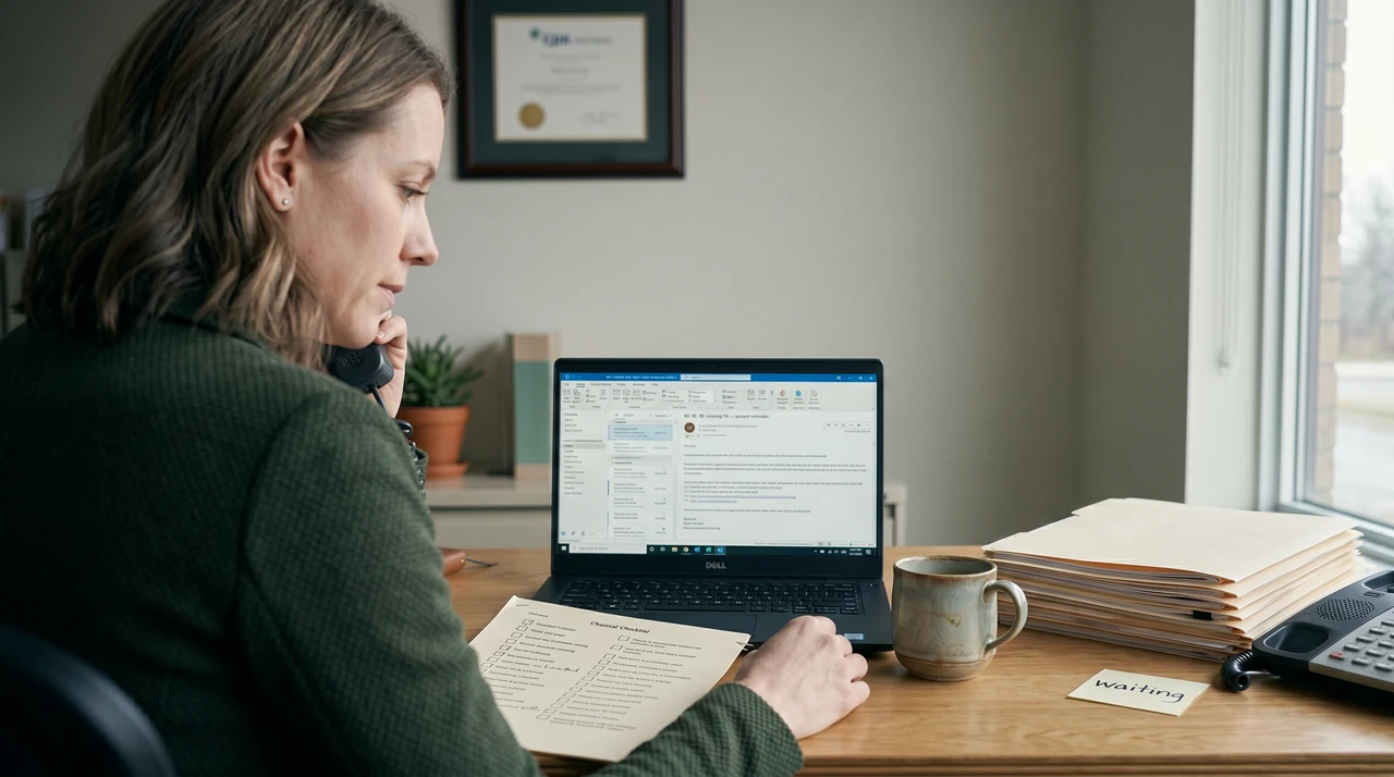 Overwhelmed accountant, stacks of tax documents, cluttered desk