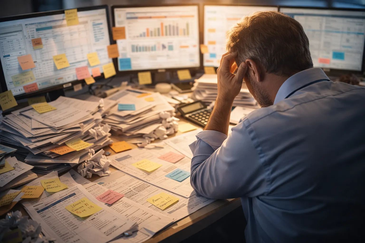 Overwhelmed accountant, stacks of tax documents, cluttered desk
