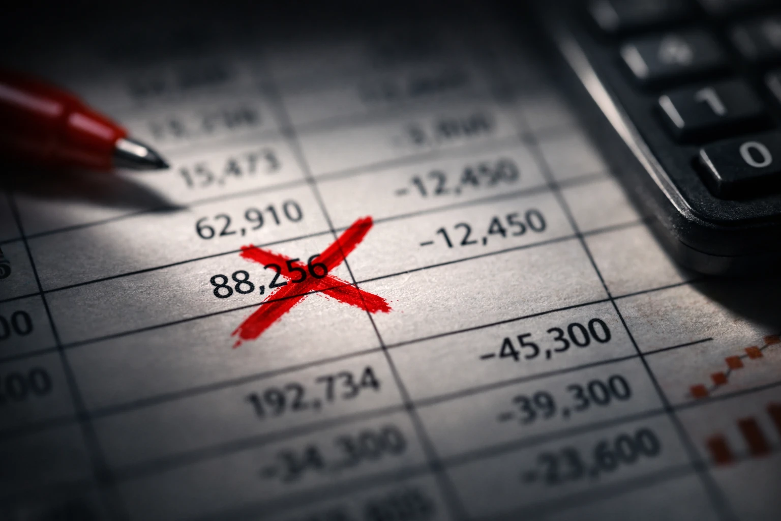 Red error mark on a financial spreadsheet — precision under pressure