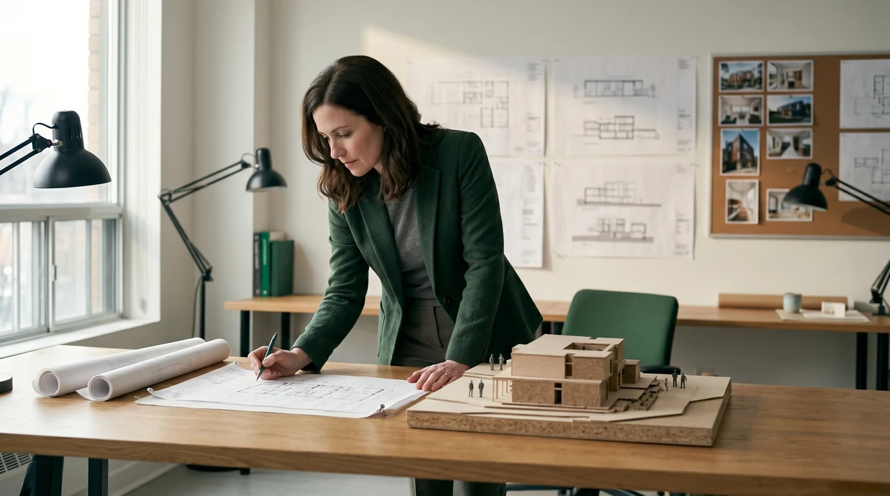 Isometric wireframe of an architectural structure built from glowing data lines — design meets connectivity