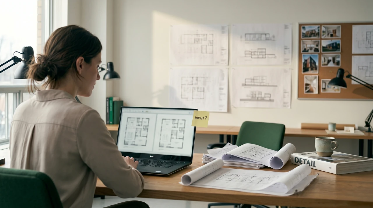 Fragmented blueprint shapes floating in a dark void — version control chaos