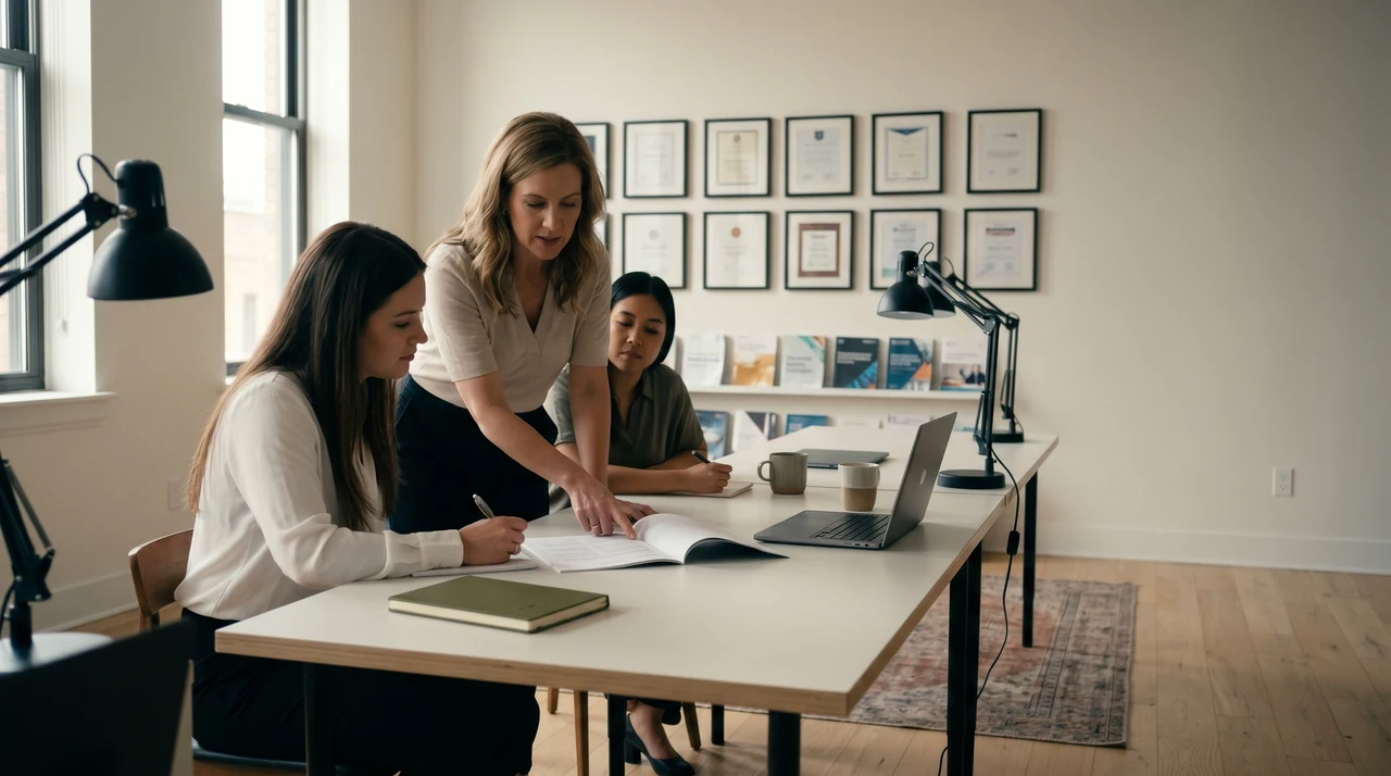 Isometric ecosystem of glowing data streams and golden nodes linking clients, consultants, and projects