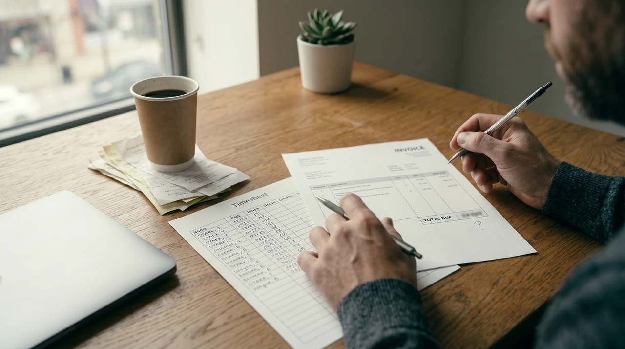 Professional staring at a clock, surrounded by a blurred high-pressure office