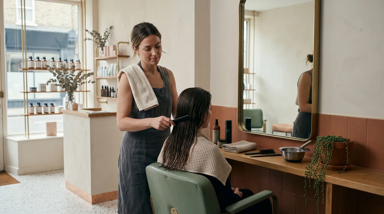 Isometric wireframe of a serene spa — soft glowing paths link treatment room, reception, and retail