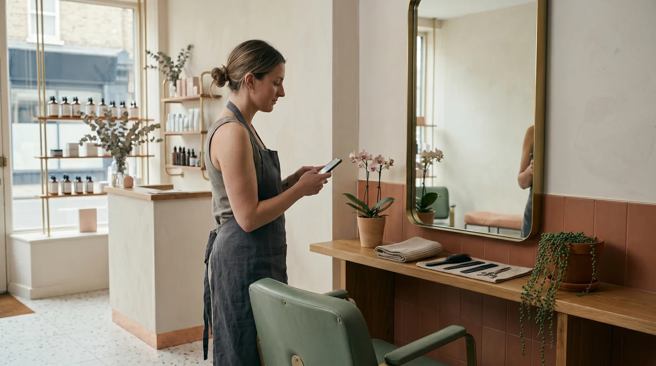 Empty salon chair in a quiet, dimly lit room with a lonely appointment book