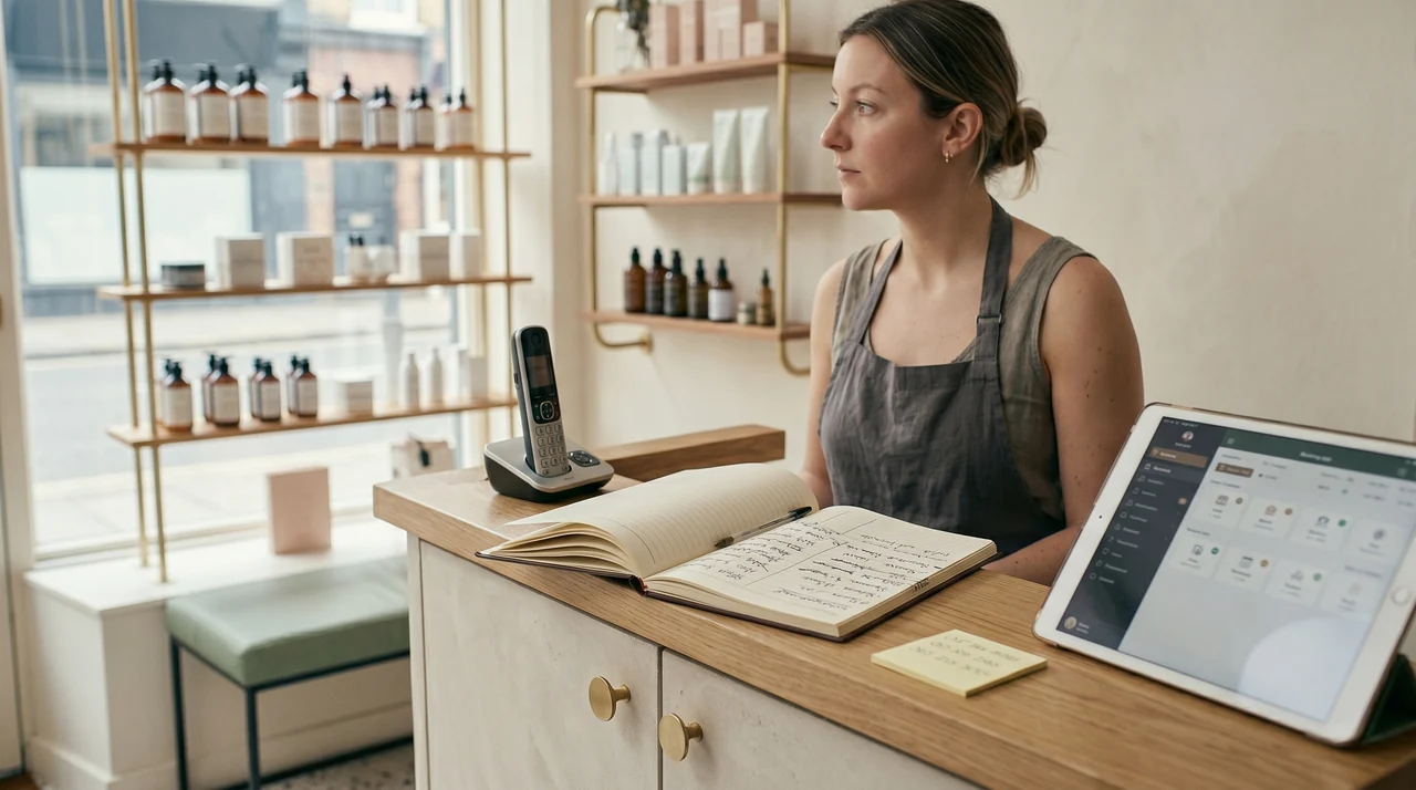 Fragmented shapes and red-glowing lines representing overlapping appointments