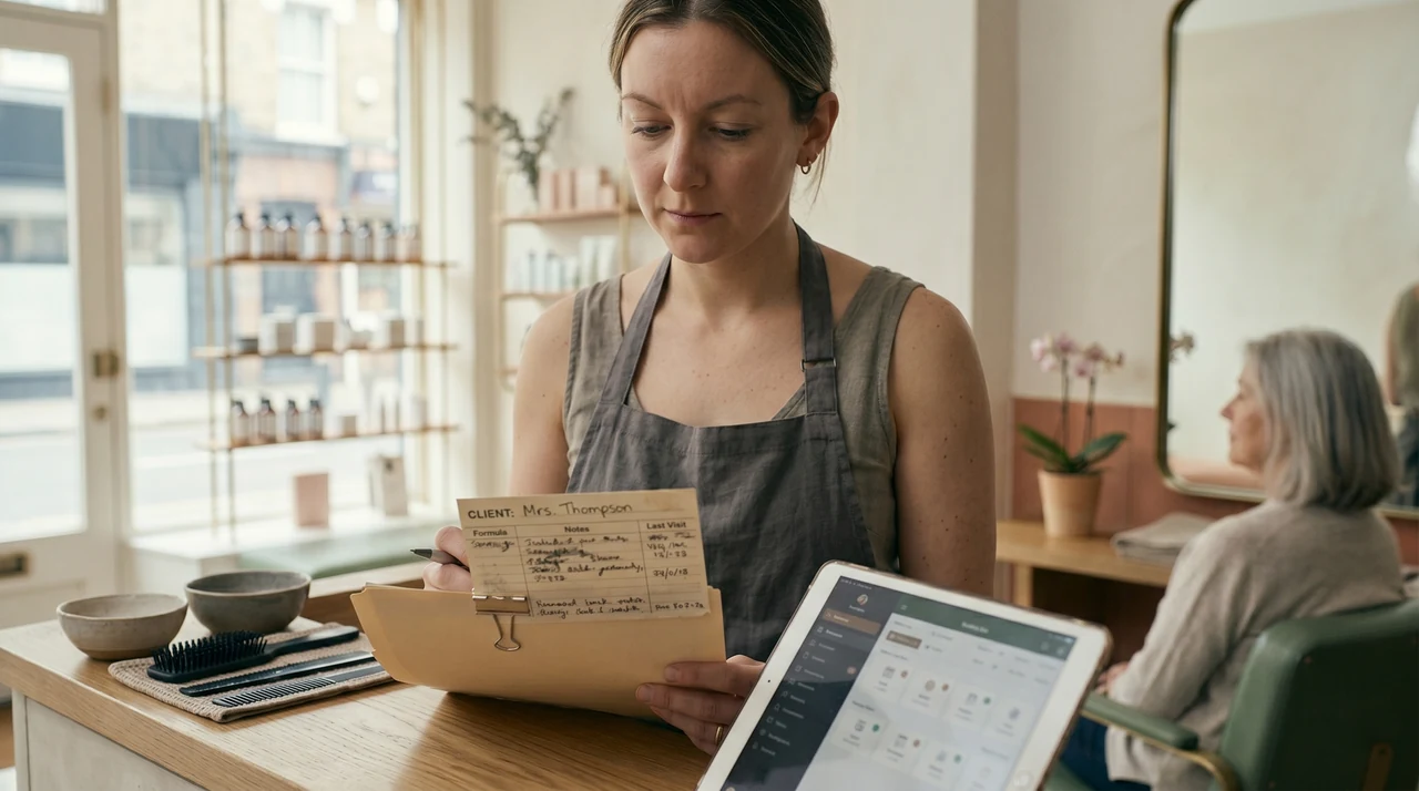 Stylist frustrated while searching through scattered notes and multiple devices