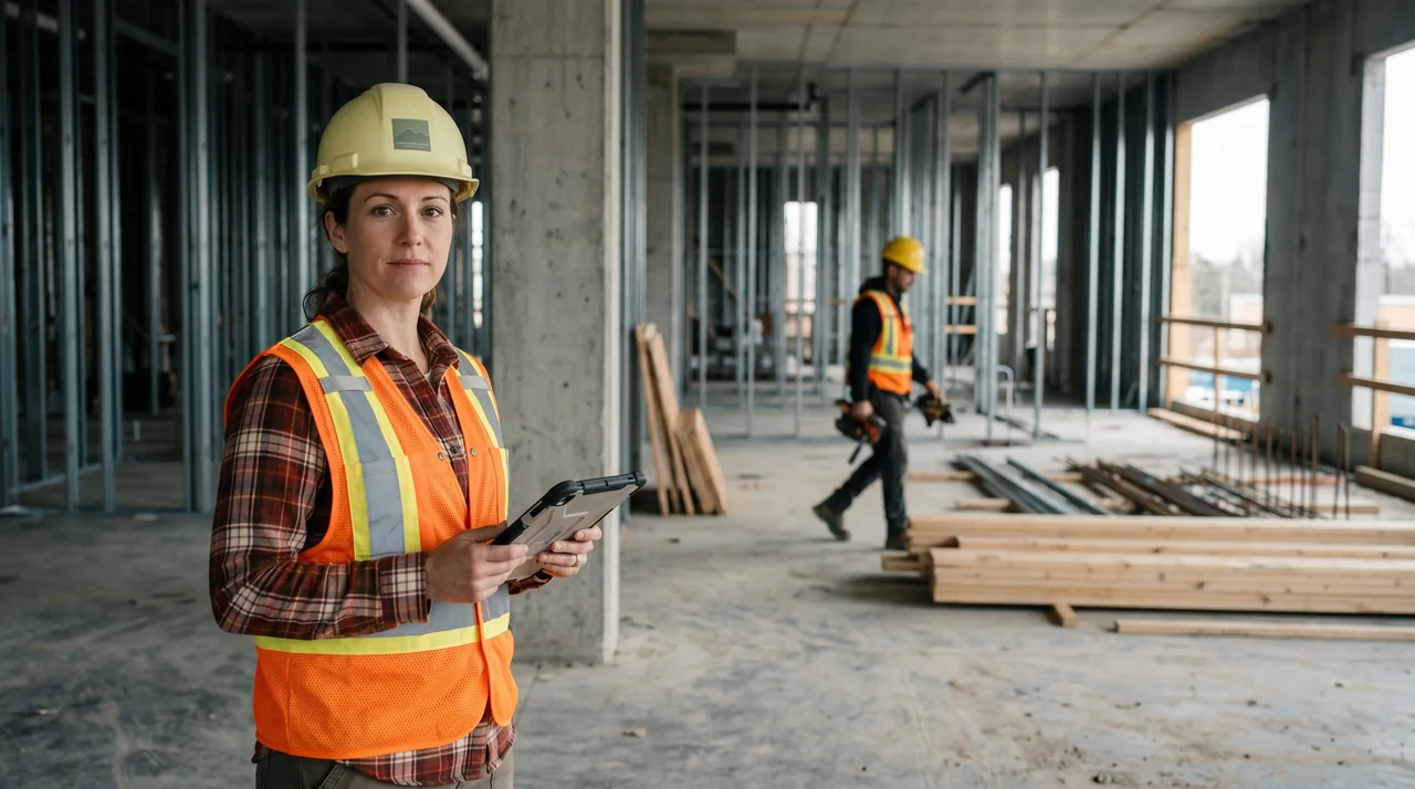Project manager on site with a tablet — live project dashboard glowing in hand