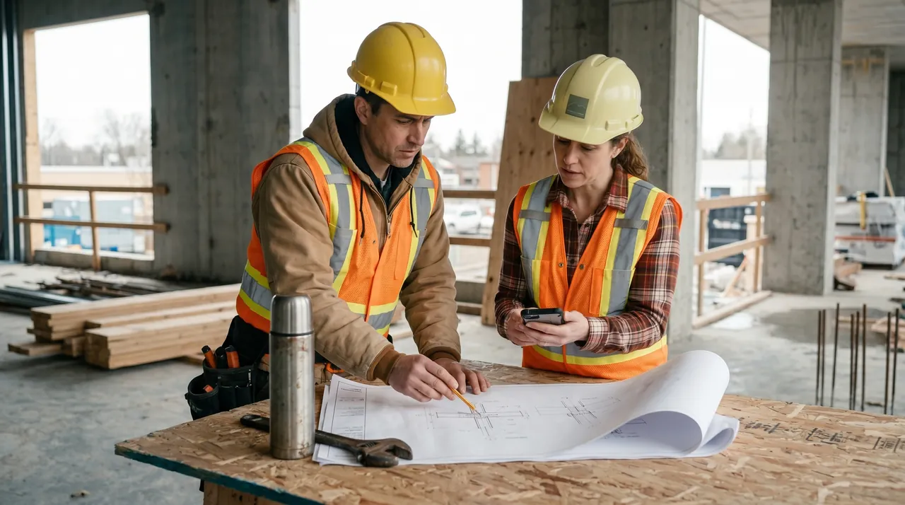 Worker and manager reading a blueprint on a windy site — the field/office gap