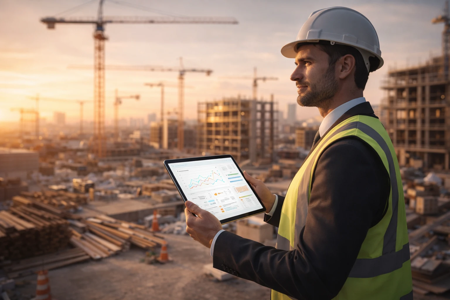 Project manager on site with a tablet — live project dashboard glowing in hand