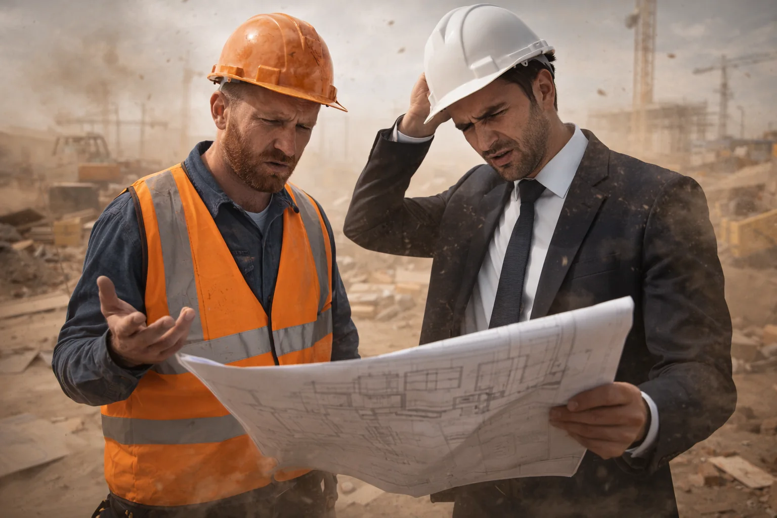 Worker and manager reading a blueprint on a windy site — the field/office gap