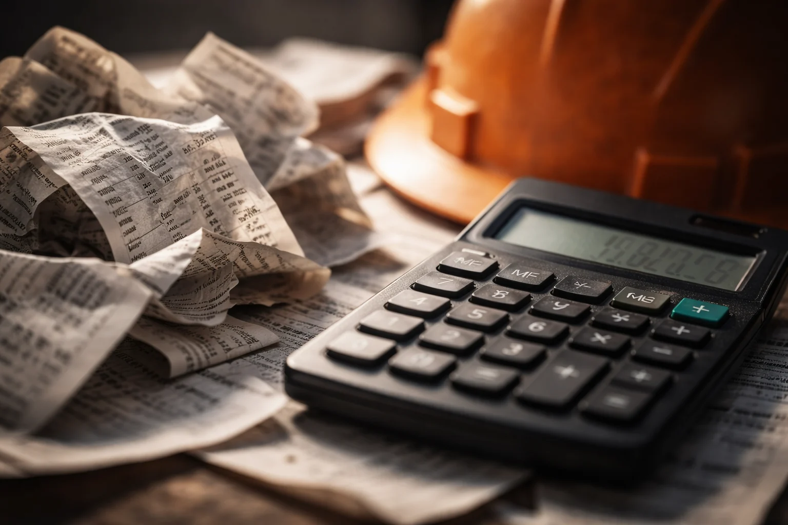 Calculator and crumpled receipts beside a hard hat — margins at risk