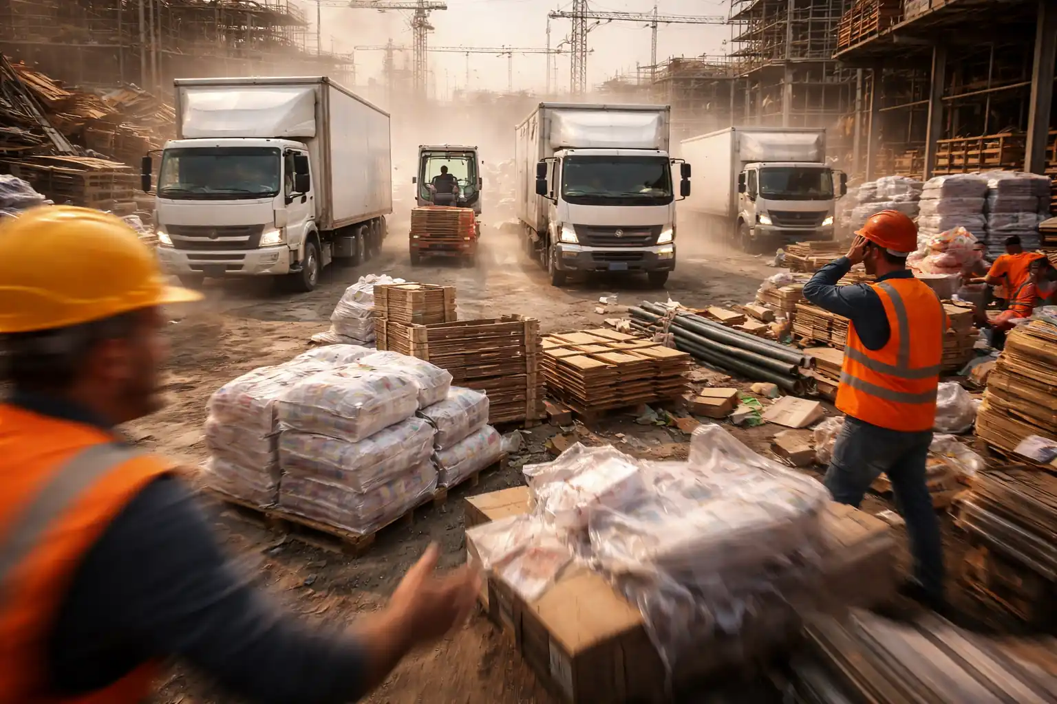 Multiple delivery trucks arriving at once — uncoordinated logistics