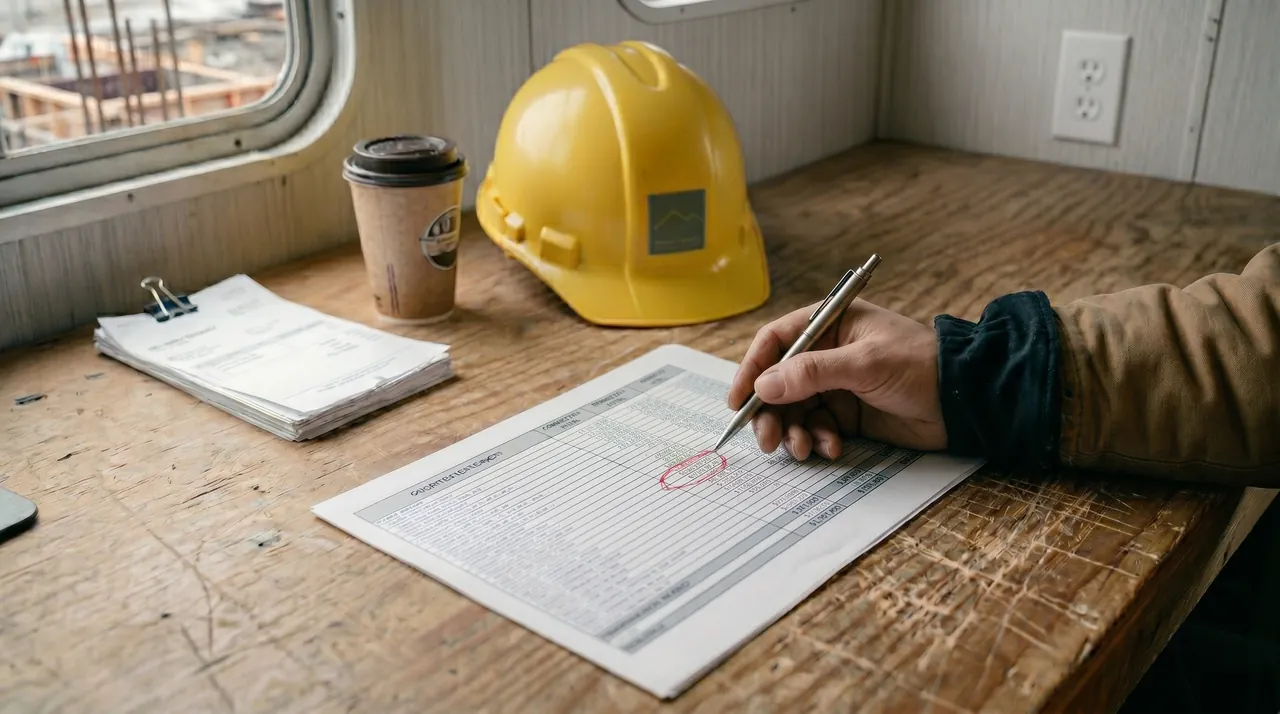 Calculator and crumpled receipts beside a hard hat — margins at risk