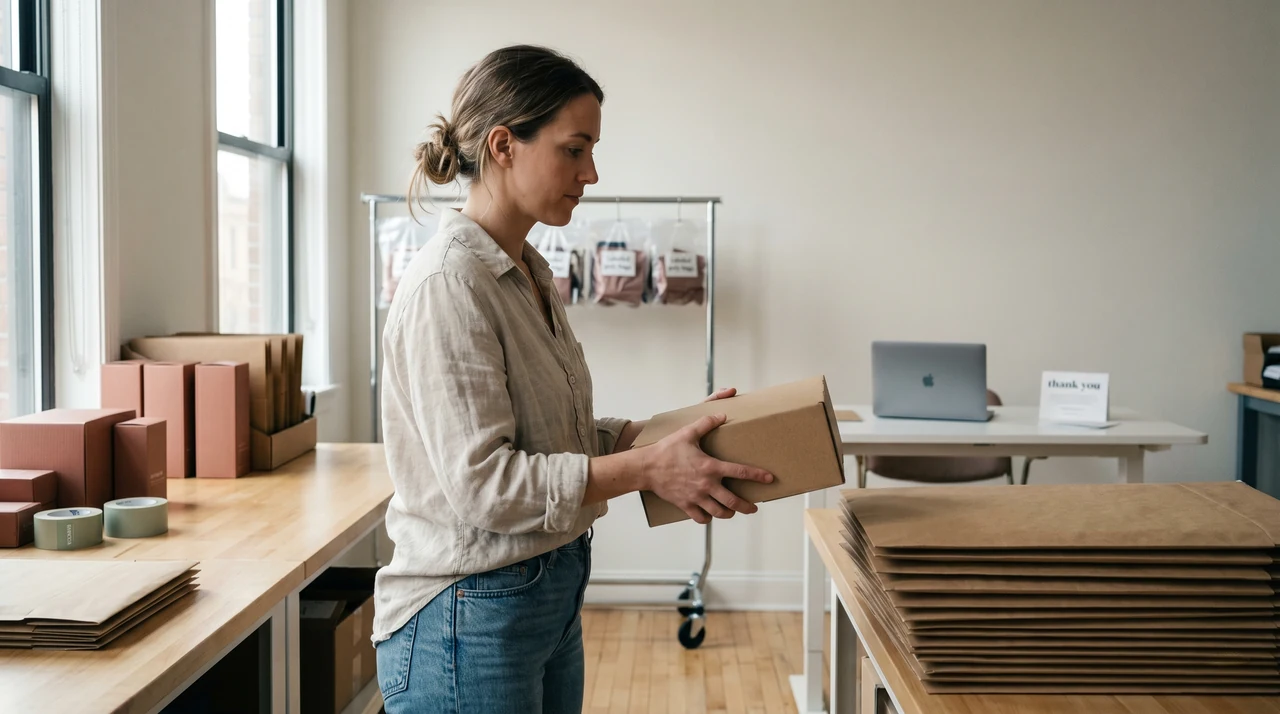Isometric wireframe of a retail ecosystem — digital storefront, smart warehouse, and delivery vehicle linked by flowing data