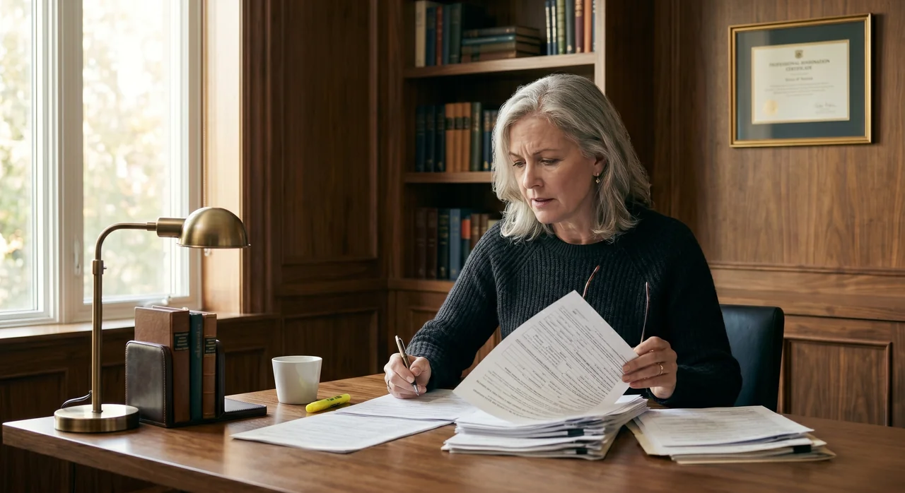 Professional hands nervously handling a stack of complex financial documents