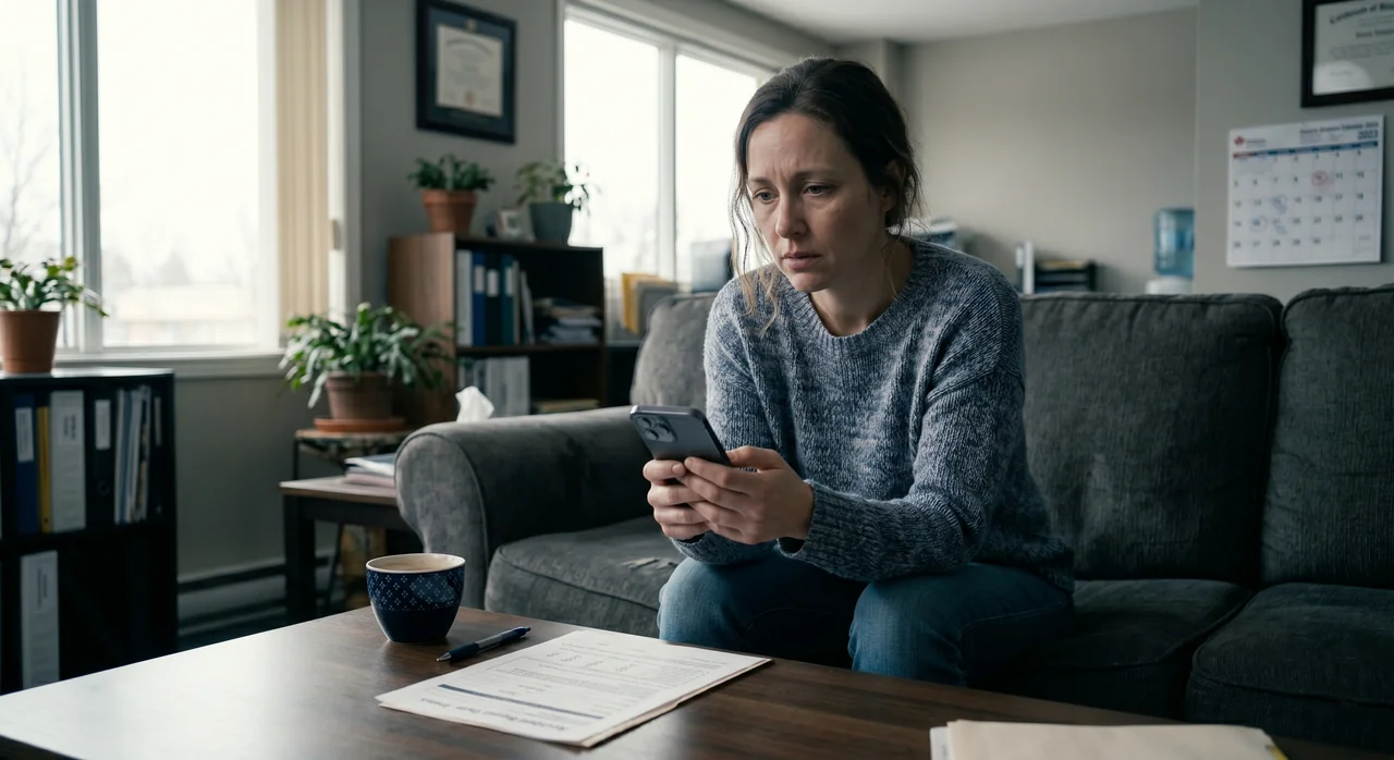 Worried client staring at a phone screen showing "Status Unknown"