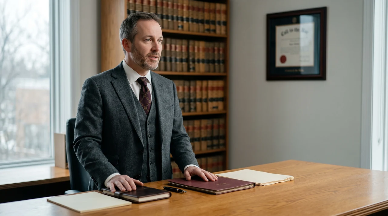 Modern law office — tablet on a polished desk displaying a case dashboard