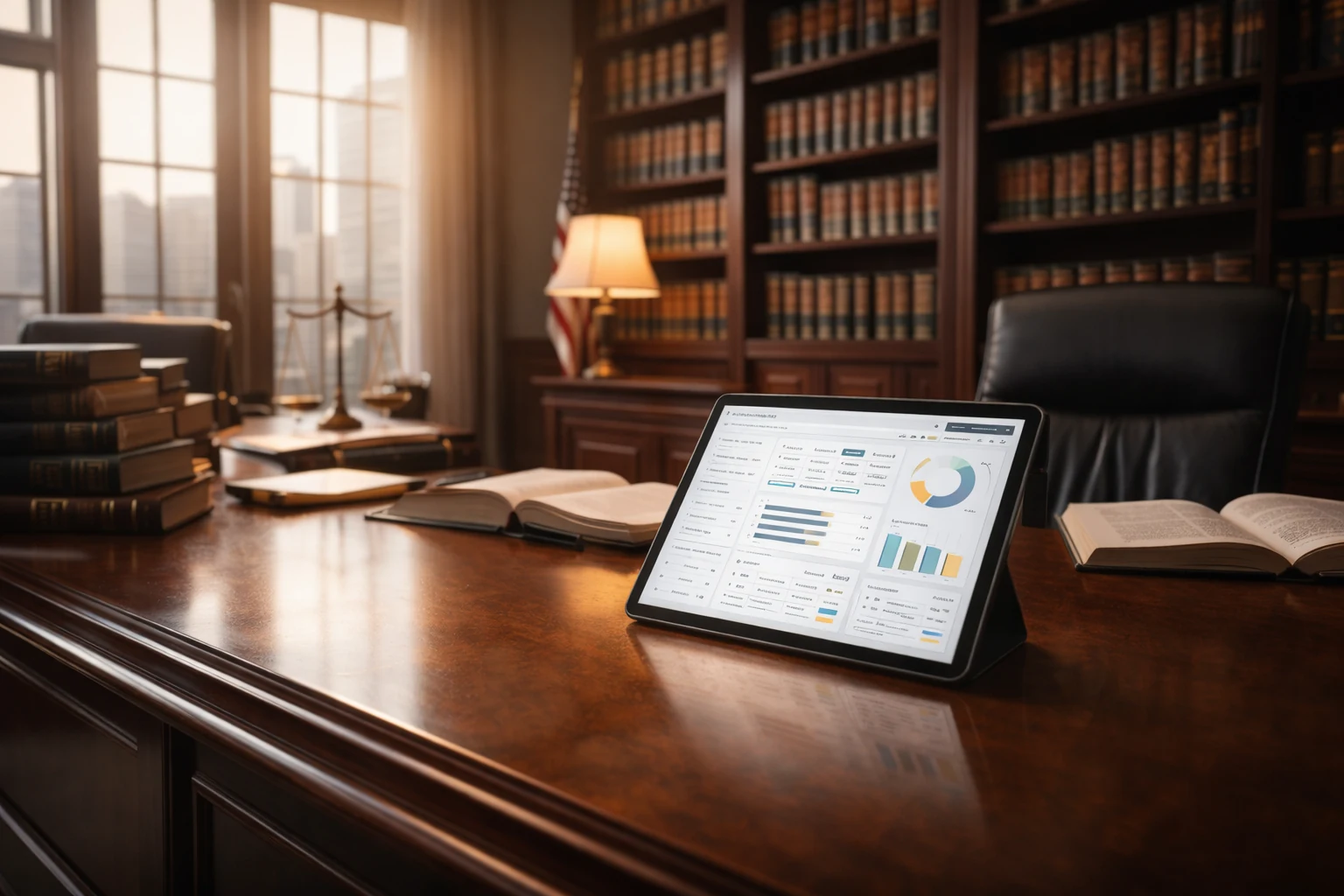 Modern law office — tablet on a polished desk displaying a case dashboard