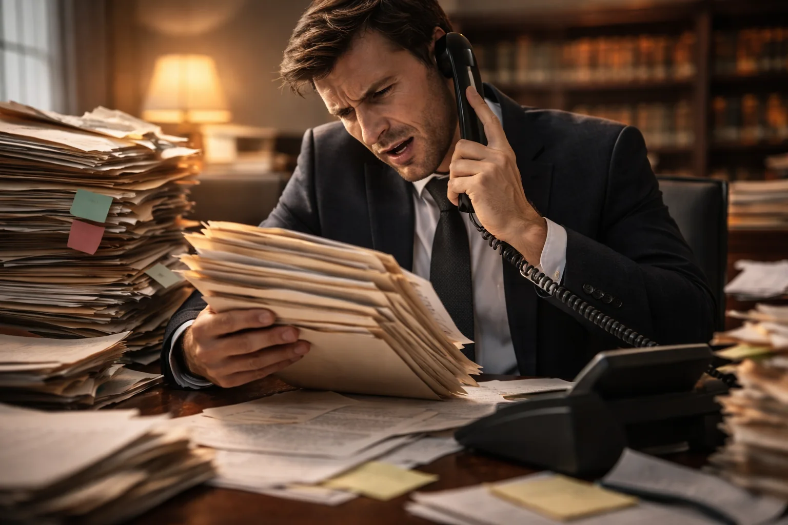 Lawyer buried in paper files and ringing phones — communication overload