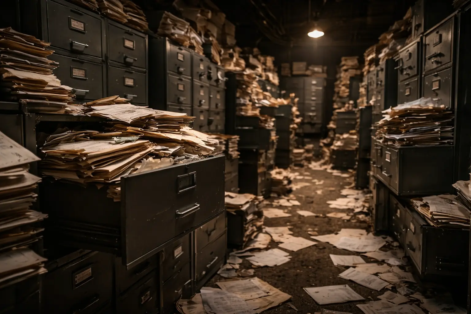 Dim archive room, overflowing filing cabinets — information lost in silos