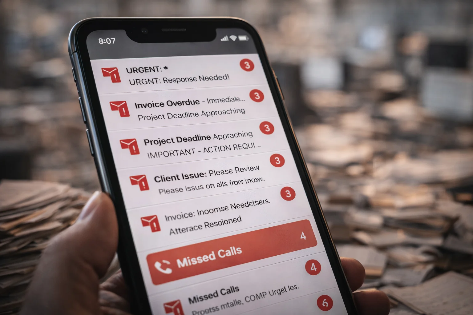 Smartphone flooded with unread emails and missed calls — client demand
