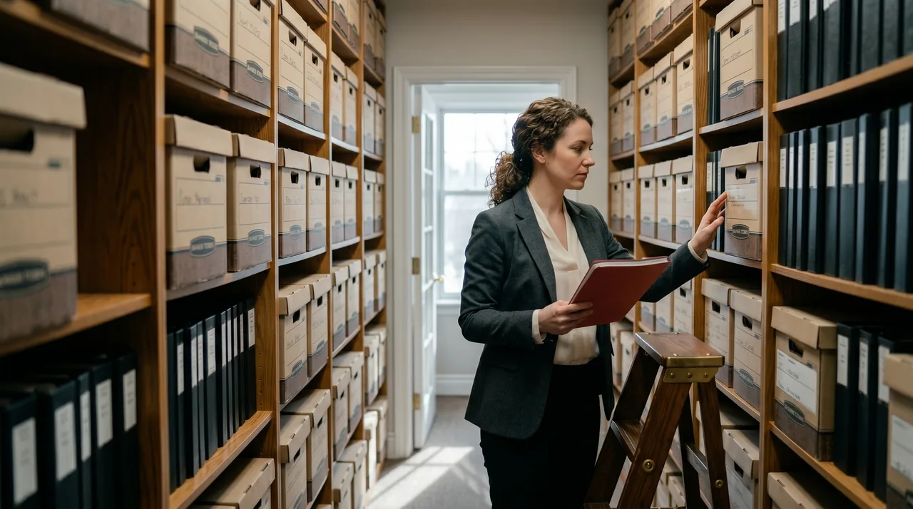 Dim archive room, overflowing filing cabinets — information lost in silos