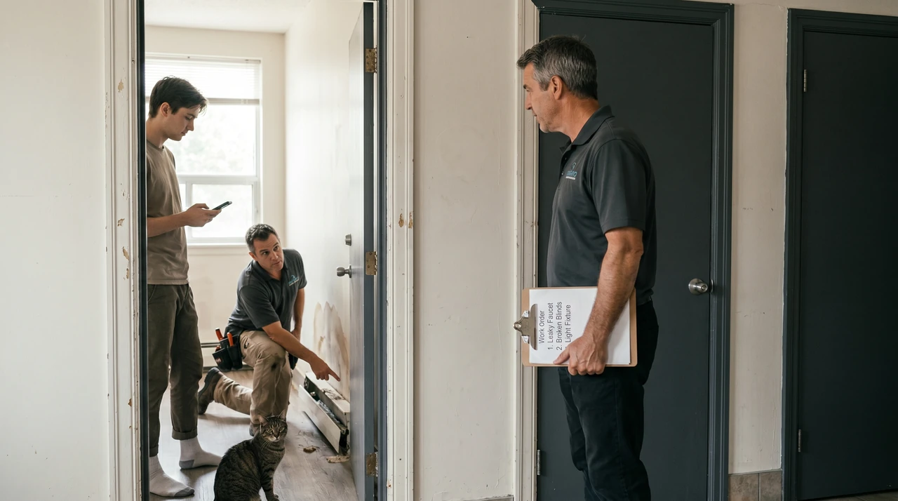 Cluttered property manager's desk with paper work orders and a ringing phone
