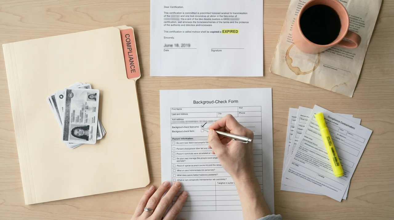 Cluttered desk buried under identity documents and legal forms
