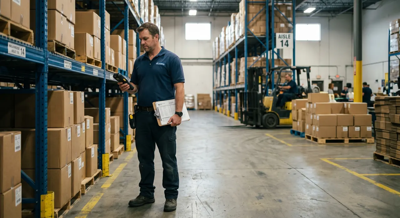 Isometric wireframe of an automated warehouse and logistics network connected by flowing data lines