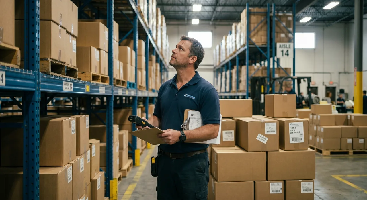 Warehouse worker staring at a handheld scanner showing "Stock Mismatch"